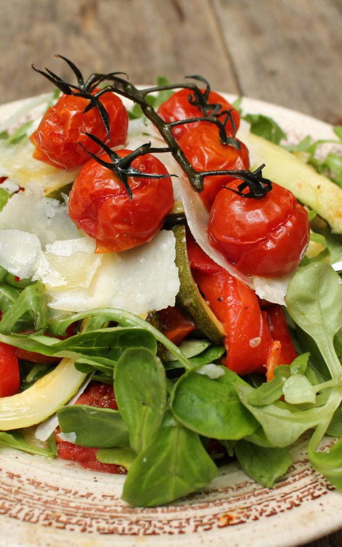 Roasted Vegetable and Mixed Leaf Salad with Parmigiano-Reggiano Shavings