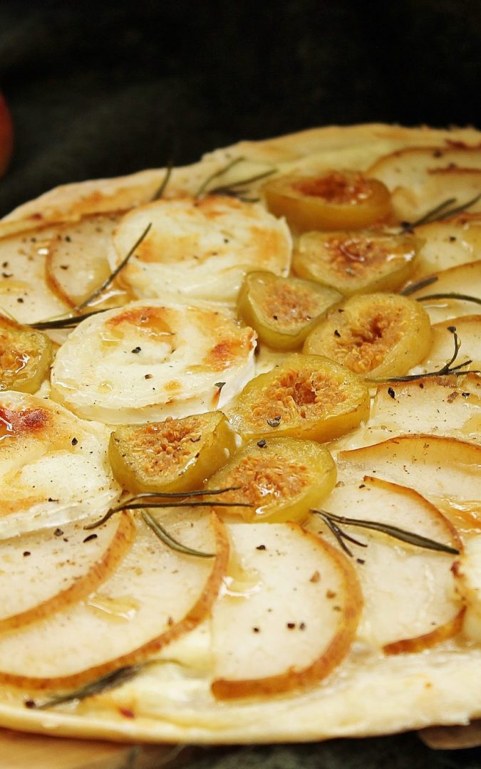 Tarte Flambée with Parmigiano Reggiano, Ripened Goat’s Cheese, Figs and Pears