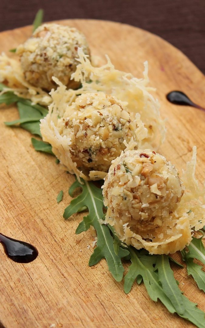 Parmigiano Reggiano Nests with Goat’s Cheese and Walnut Bites and a Balsamic Glaze Drizzle