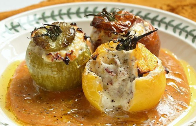 Stuffed Heritage Tomatoes with Goats Cheese, Coppa and Parmigiano-Reggiano
